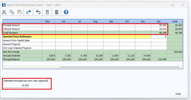 If the payment amount for this projection period is different than the payments for a “typical year” the Estimated principal due next year can be included in loan payment detailed entry. This feature adjusts the projected ending balance sheet, to include the correct principal due on term loans. Therefore, the liquidity and solvency details on the projected ending balance sheet will be correct.