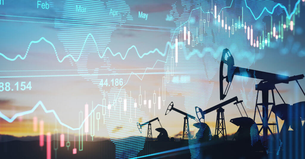 Oil pumpjacks background overlaid with graphic to represent artificial global energy markets trends.