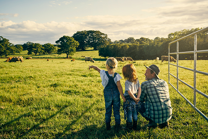 Rearview shot of a male farmer and his two young kids on their farm.