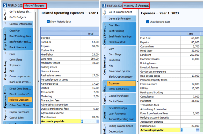 Screenshot of expense categories in FINFLO in FINPACK