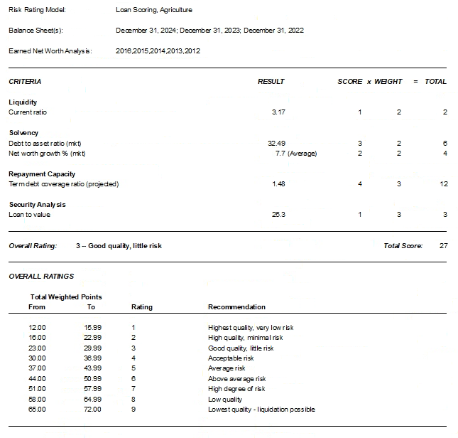 Screen shot of FINPACK risk rating model