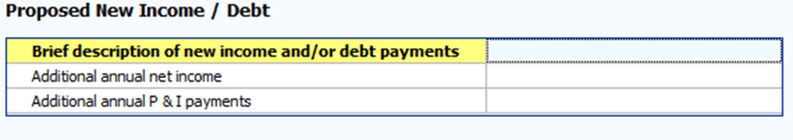 Screenshot of the input for proposed new income or debt in Global Cash Flow Analysis in FINPACK.